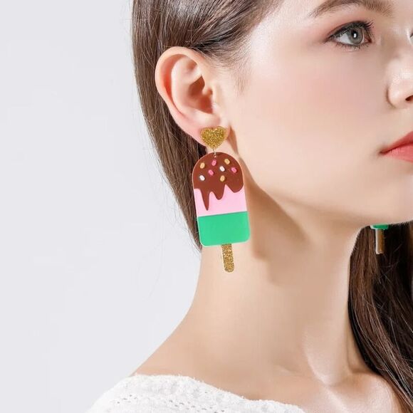 Pink & Green Ice Cream‎ Stick Earrings Gold Accents - Picture 3 of 6